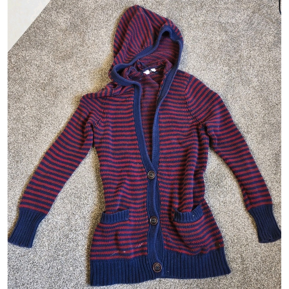 Y2K Roxy Hooded Striped Knit Cardigan Sweater Boho Coastal Surf Festival XS‎